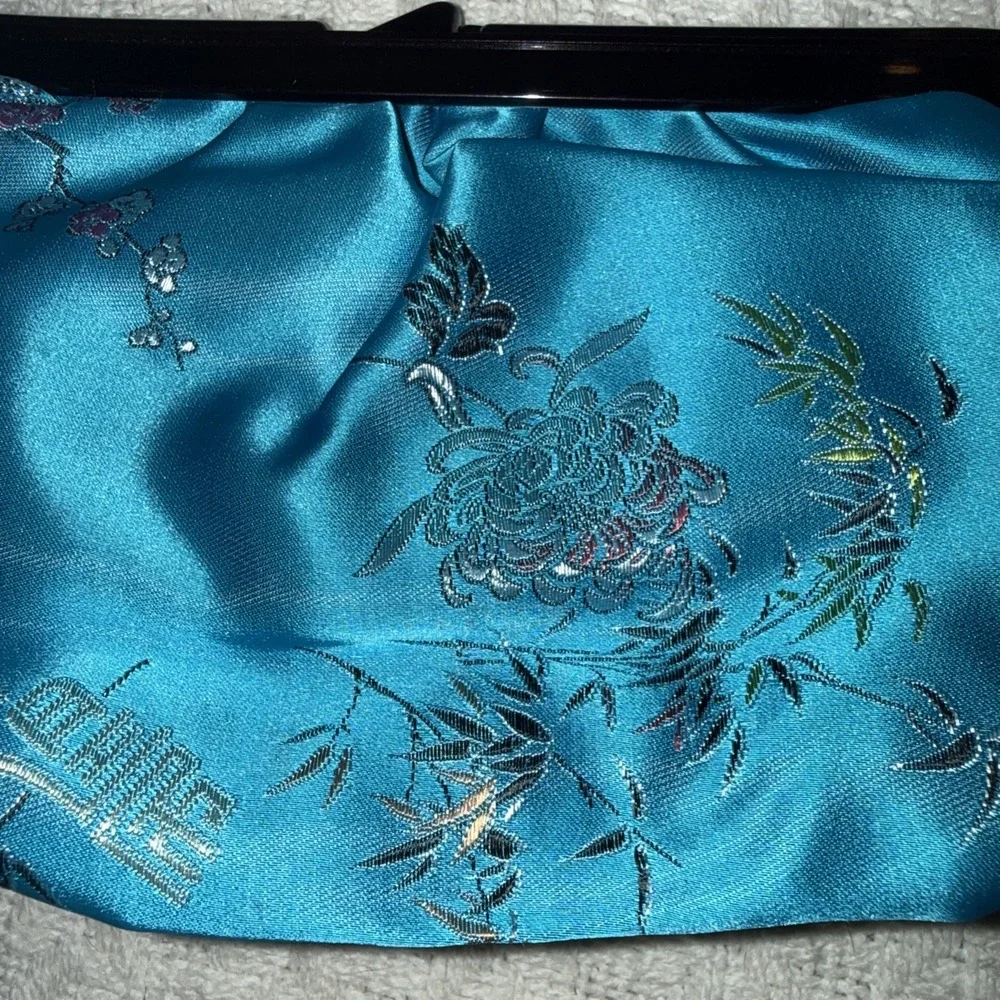 Vintage Kiss Lock Cosmetic Case Purse Bag Asian Colorful Satin Teal Blue Floral